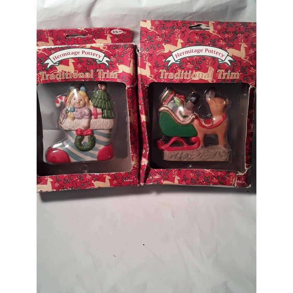 Vintage Christmas Ornaments LOT OF 2 HERMITAGE POTTER SLEIGH AND STOCKING (1994)